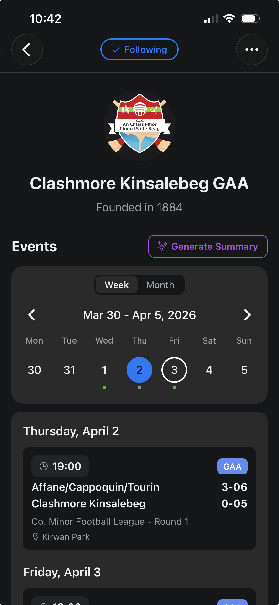 Club page with fixtures and results on LOKL