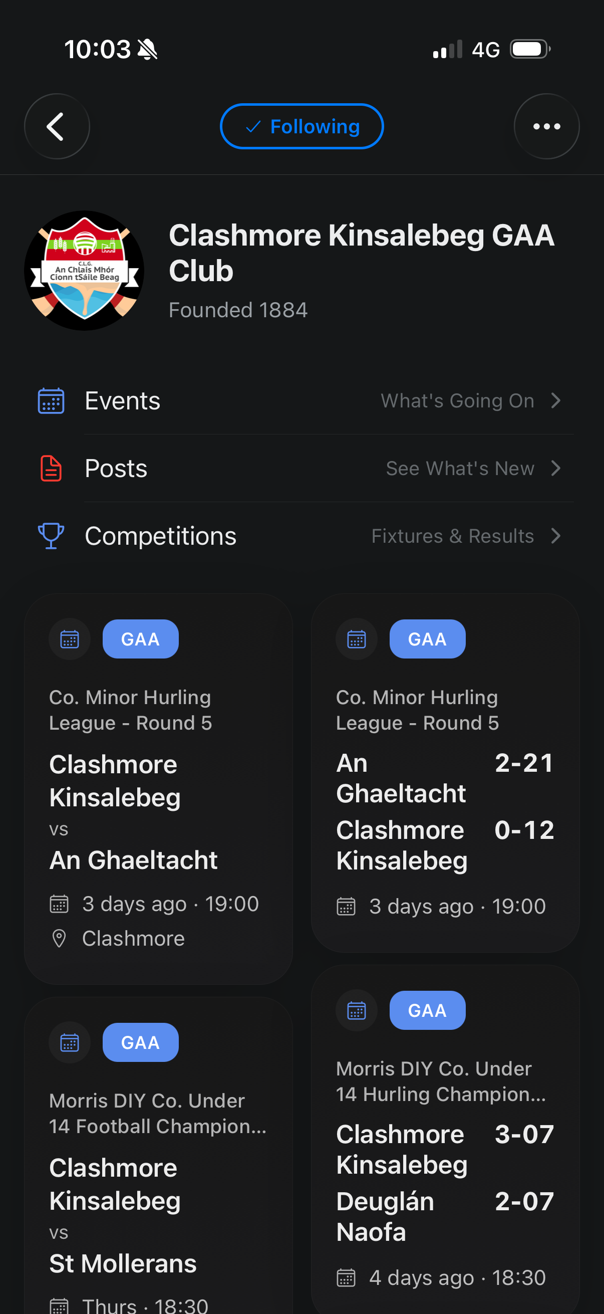 GAA club page with fixtures